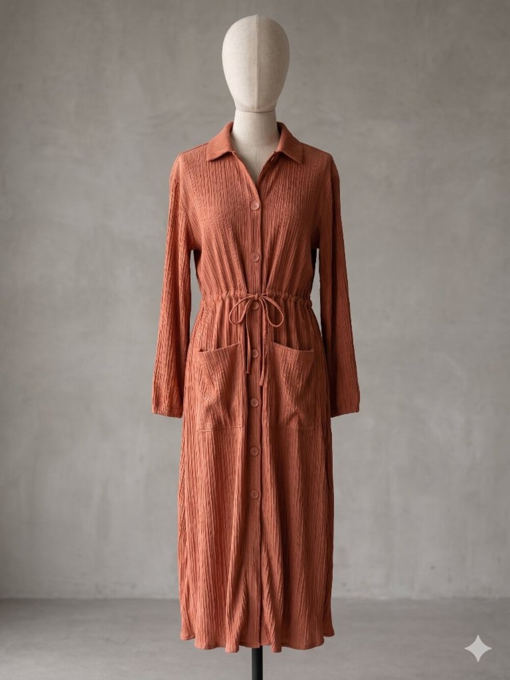 Zara Red Pink Textured Plisse Crinkle Button Front Midi Shirt Dress Small
